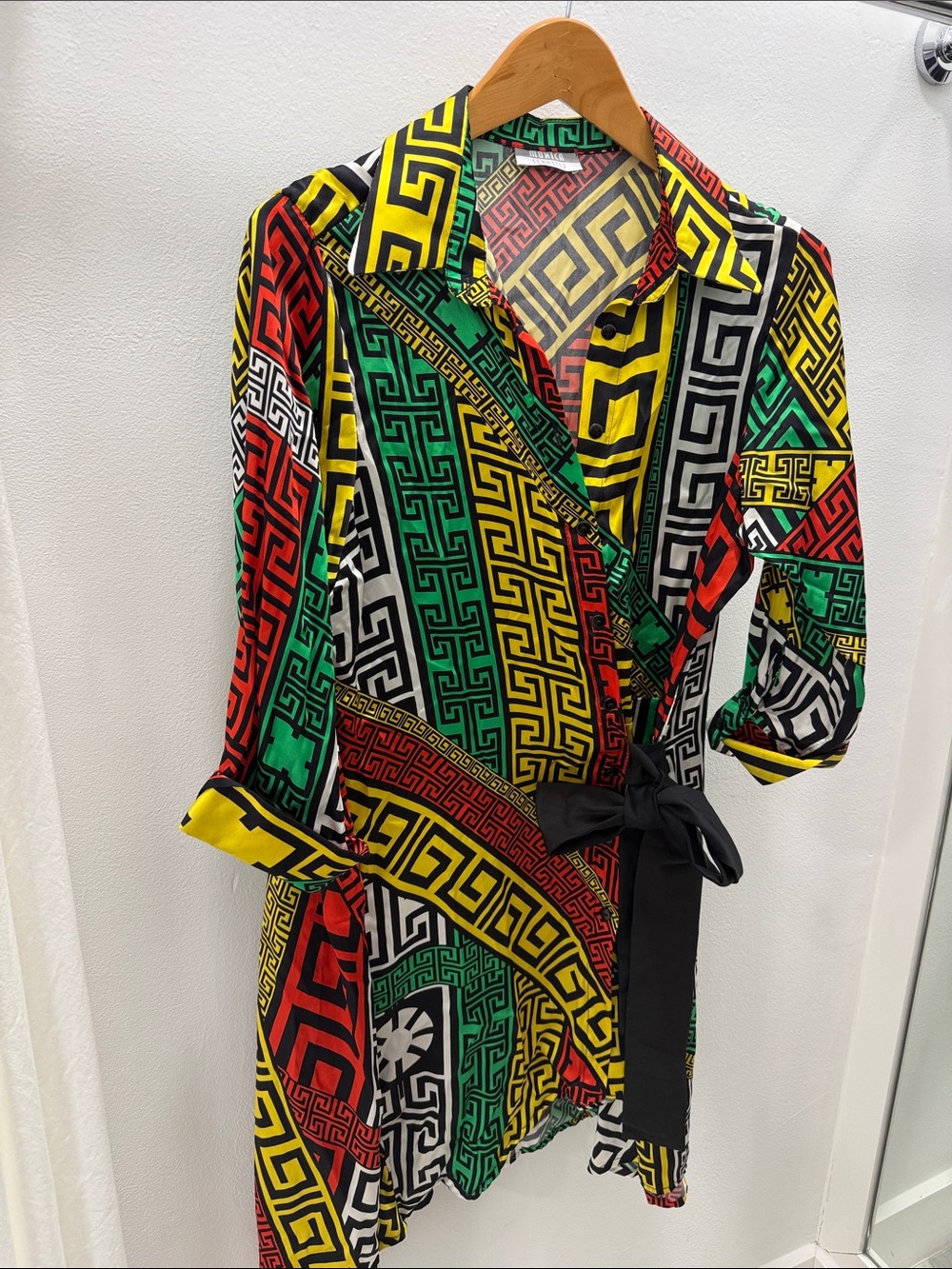 Mónica schuster Bold Multicolor Wrap Dress with Geometric Print